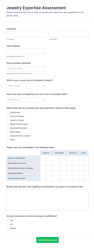 Jewelry Expertise Assessment Form Template