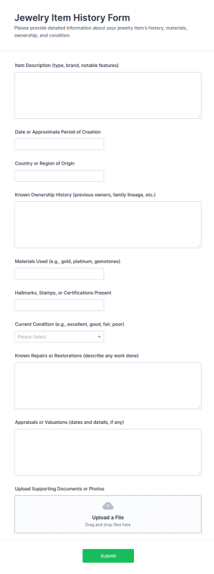 Jewelry Item History Form Template