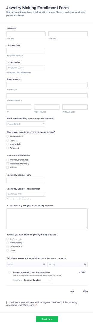 Jewelry Making Enrollment Form Template