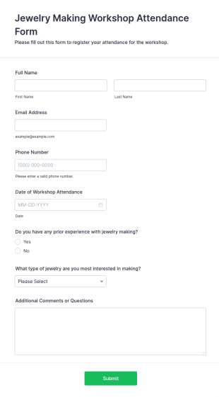 Jewelry Making Workshop Attendance Form Template