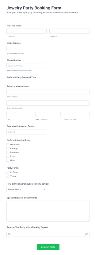Jewelry Party Booking Form Template