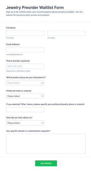 Jewelry Preorder Waitlist Form Template
