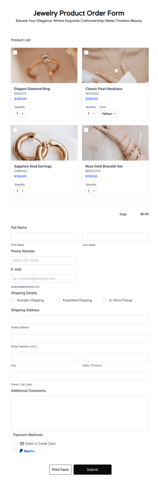 Jewelry Product Order Form Template