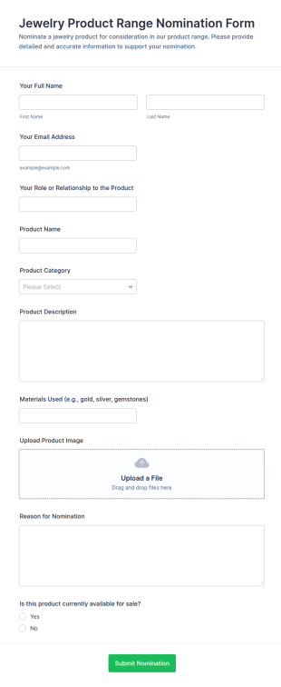 Jewelry Product Range Nomination Form Template