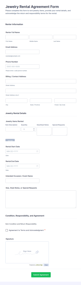 Jewelry Rental Agreement Form Template