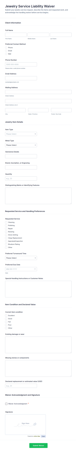 Jewelry Service Liability Waiver Form Template