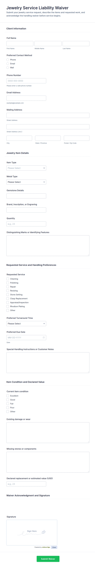 Jewelry Service Liability Waiver Form Template
