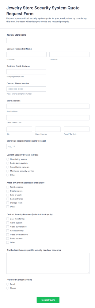 Jewelry Store Security System Quote Request Form Template