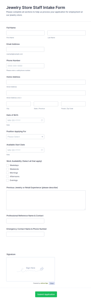 Jewelry Store Staff Intake Form Template