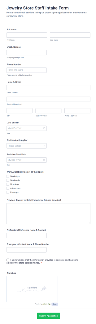 Jewelry Store Staff Intake Form Template