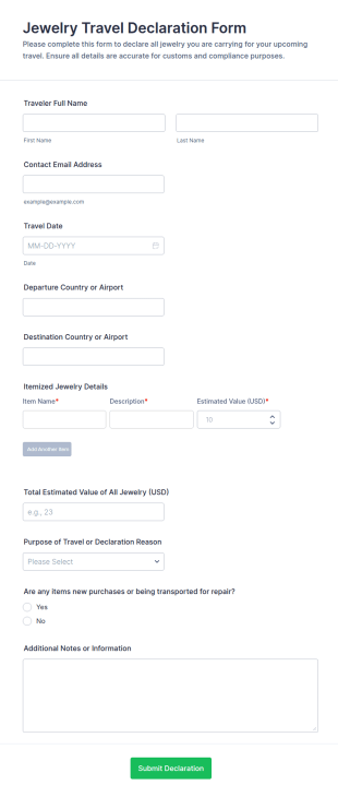 Jewelry Travel Declaration Form Template