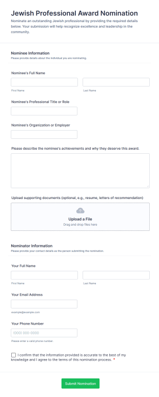 Jewish Professional Award Nomination Form Template