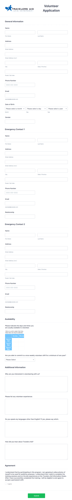 Traveler Support Volunteer Application Form Template