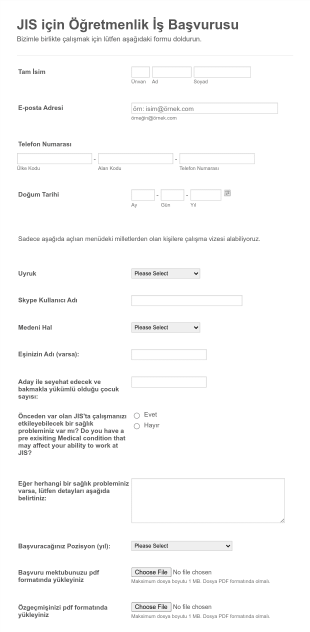 JIS Için Öğretmenlik İş Başvurusu Form Template
