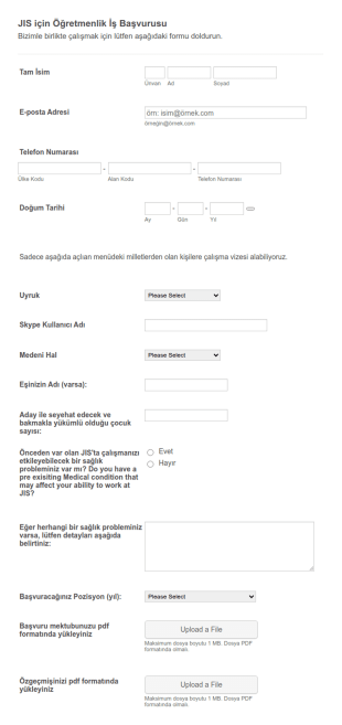 JIS Için Öğretmenlik İş Başvurusu Form Şablonu