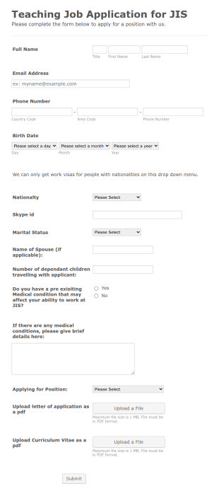 Teaching Job Application For JIS Form Template