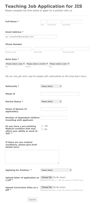 Teaching Job Application For JIS Form Template