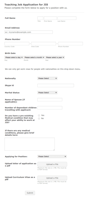 Teaching Job Application For JIS Form Template