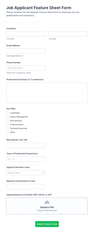 Job Applicant Feature Sheet Form Template