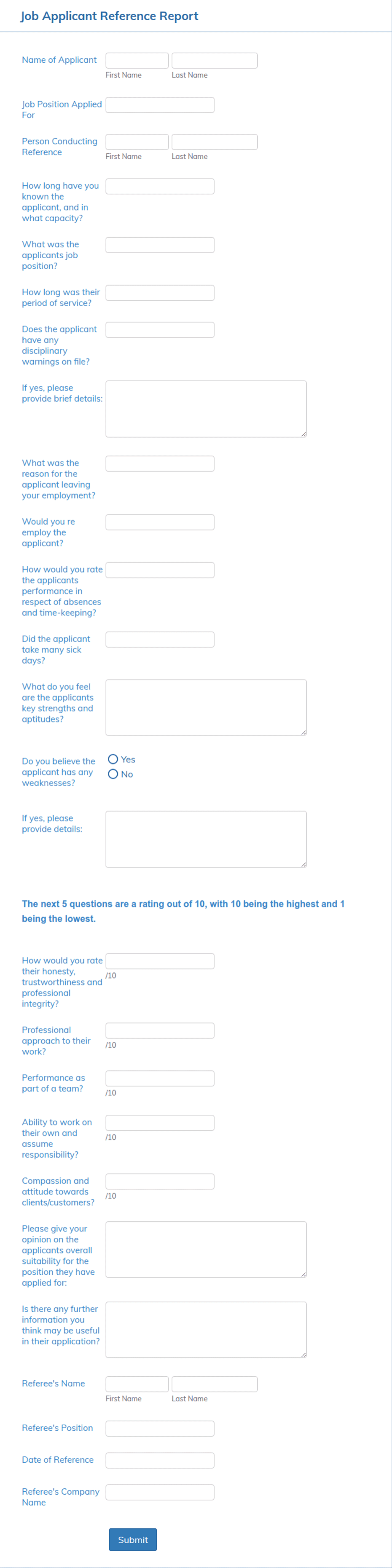 Job Applicant Reference Report Form Template | Jotform