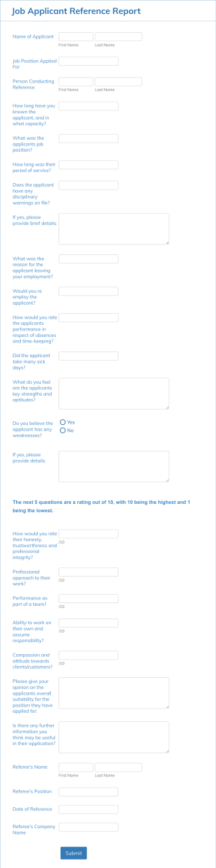 Job Applicant Reference Report Form Template