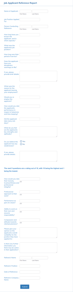 Job Applicant Reference Report Form Template