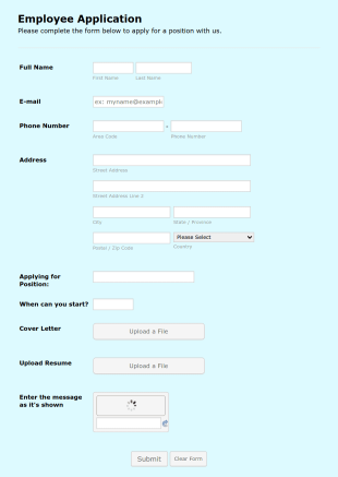 Simple Employee Application Form Template