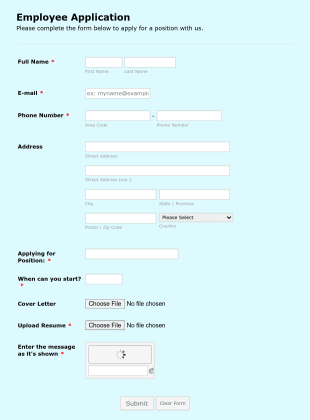 Simple Employee Application Form Template
