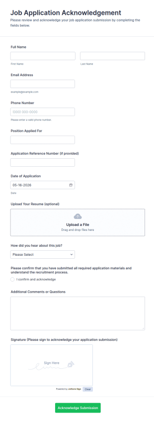 Job Application Acknowledgement Form Template