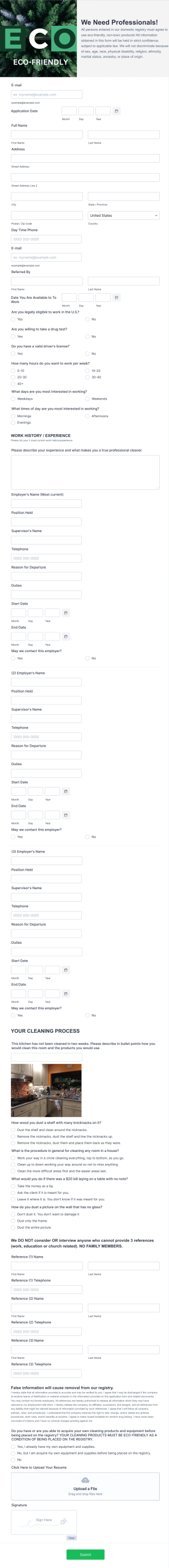 Cleaning Job Application Form Template