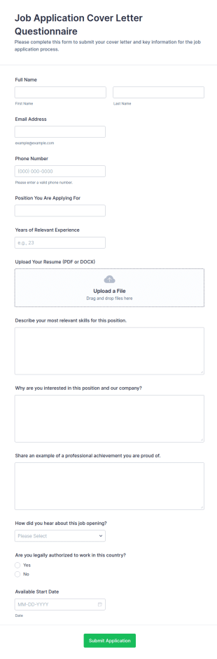 Job Application Cover Letter Questionnaire Form Template