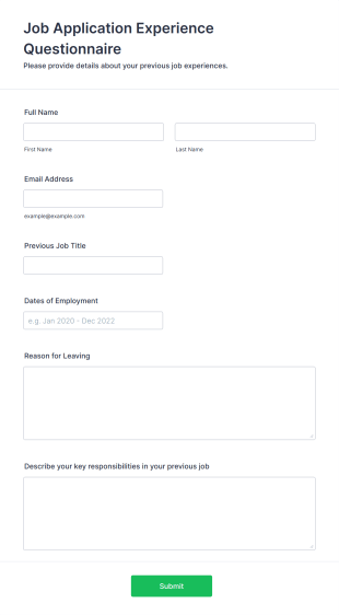 Job Application Experience Questionnaire Form Template