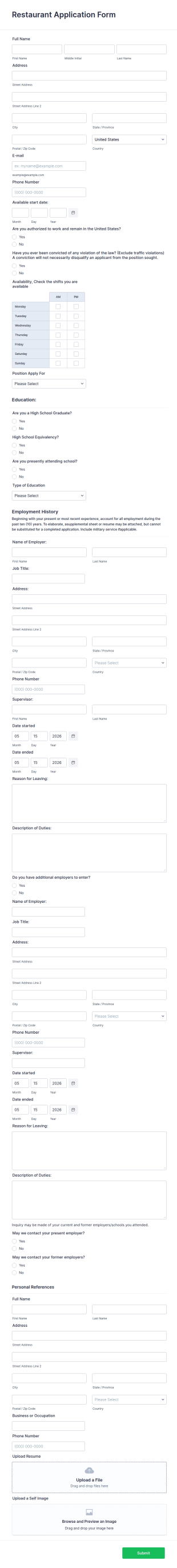 Restaurant Application Form Template