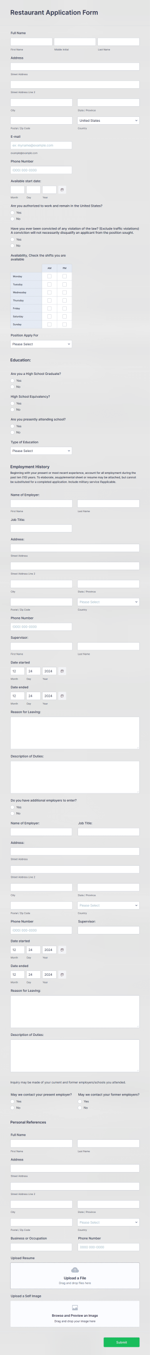 Restaurant Application Form Template