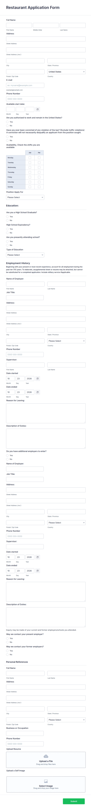 Restaurant Job Application Form Template