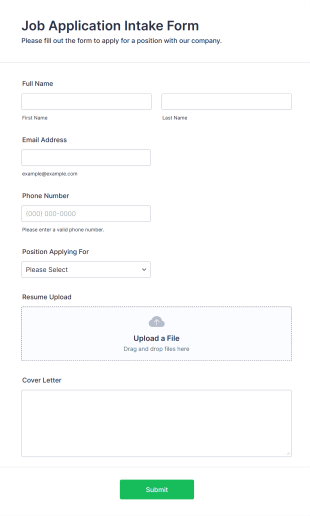 Job Application Intake Form Form Template