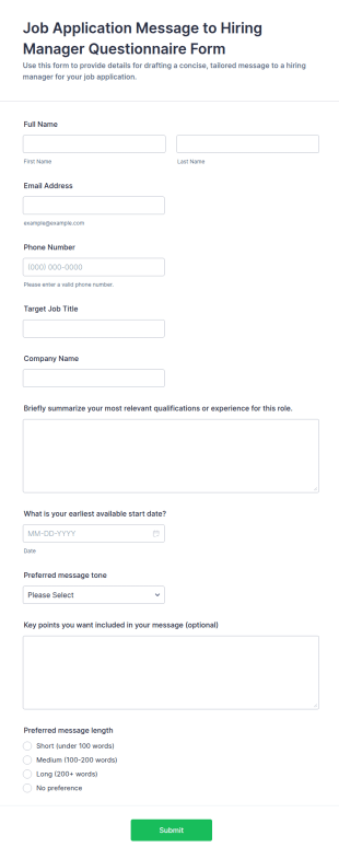 Job Application Message To Hiring Manager Form Template