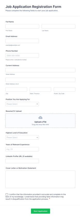 Job Application Registration Form Template