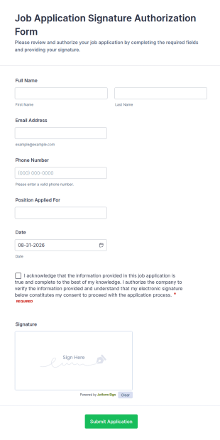 Job Application Signature Authorization Form Template