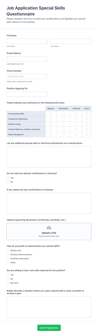 Job Application Special Skills Questionnaire Form Template