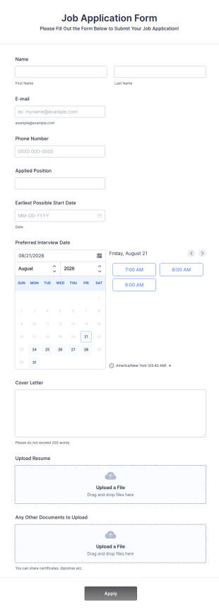 Online Job Application Form Template