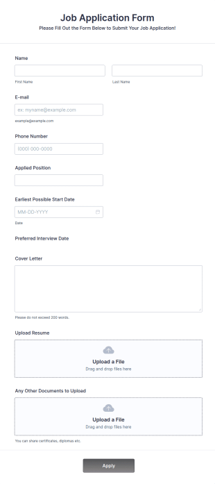 Online Job Application Form Template