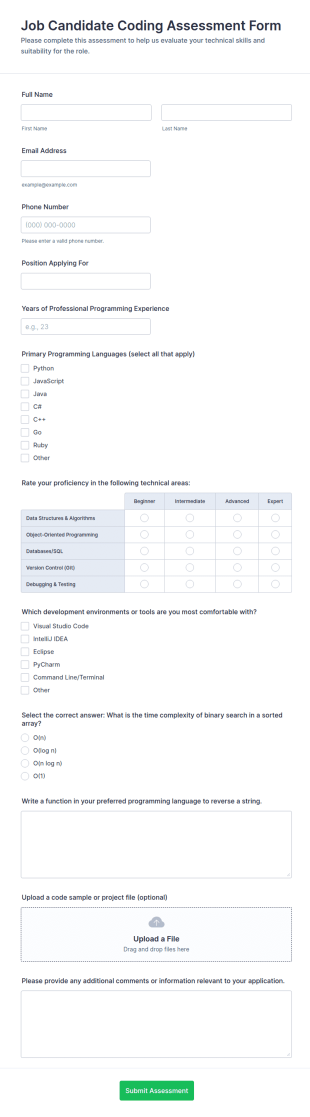 Job Candidate Coding Assessment Form Template