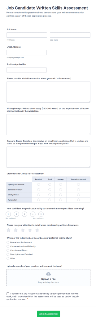 Job Candidate Written Skills Assessment Form Template