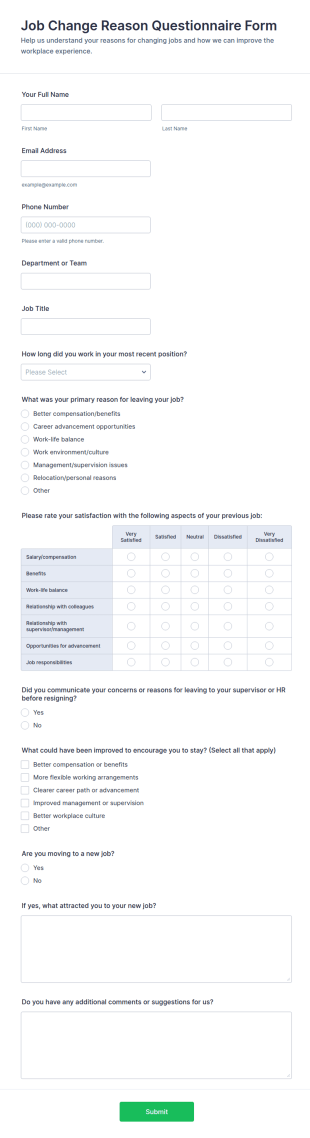 Job Change Reason Questionnaire Form Template