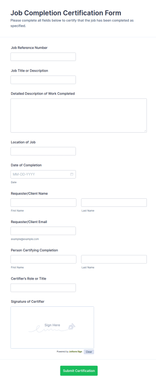 Job Completion Certification Form Template