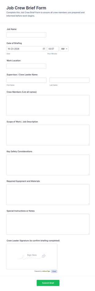 Job Crew Brief Form Template