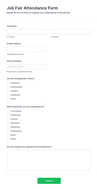 Job Fair Attendance Form Form Template