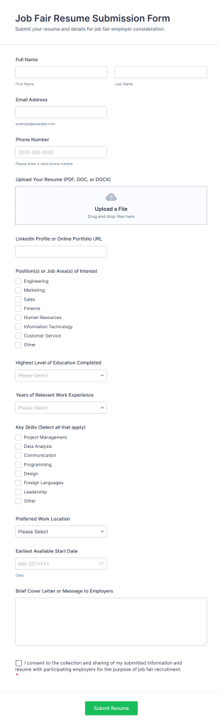 Job Fair Resume Submission Form Template