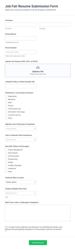 Job Fair Resume Submission Form Template